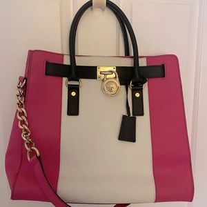 ✨ Auth. Michael Kors Hamilton Tote - Pink & White striped w black accents! ✨